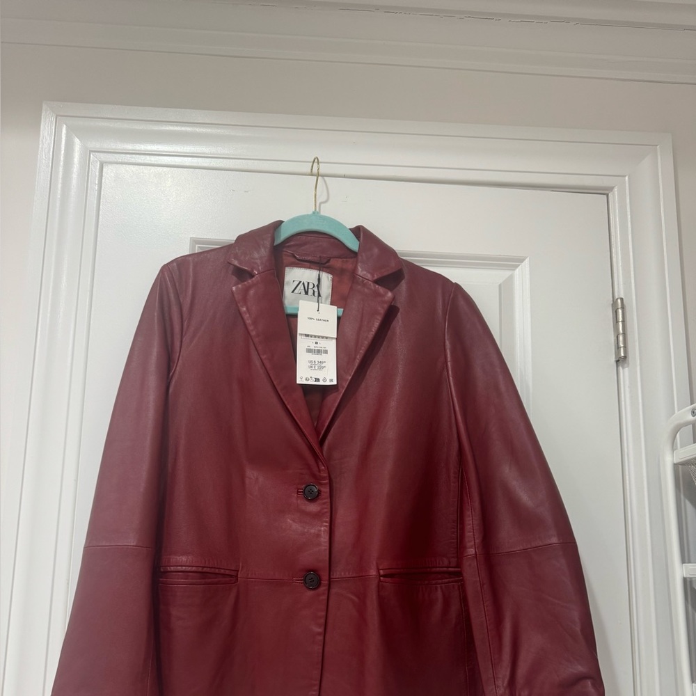 Zara Women's 100% Leather Burgundy Blazer size medium